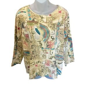Chico’s Top Crew Neck Egyptian Graphic Tan Black Red Blue Chico’s 2 Equals Large
